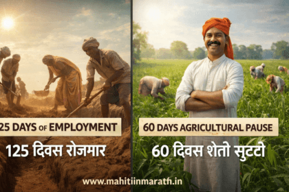 जय राम जी योजना: 125 दिवस रोजगार | मनरेगा नवीन नियम 6 Split screen image showing rural MGNREGA workers digging soil and a happy Indian farmer in a green field, representing the new Jai Ram Ji Yojana 125 days work guarantee and agricultural pause.