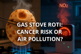 भाकरी गॅसवर भाजली तर Cancer होतो का? सत्य जाणून घ्या 5 भाकरी गॅसवर भाजली तर Cancer होतो का : Image of a puffed roti on a gas flame next to an air quality monitor showing high nitrogen dioxide (NO2) levels in a kitchen.