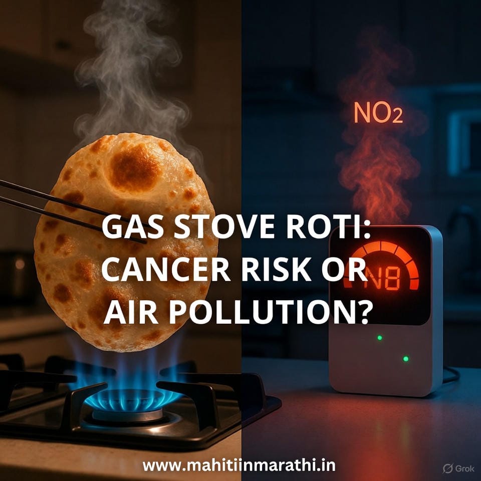 भाकरी गॅसवर भाजली तर Cancer होतो का? सत्य जाणून घ्या 1 भाकरी गॅसवर भाजली तर Cancer होतो का : Image of a puffed roti on a gas flame next to an air quality monitor showing high nitrogen dioxide (NO2) levels in a kitchen.