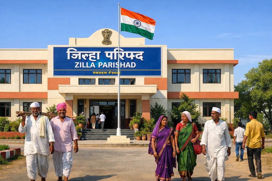 Realistic Zilla Parishad office building in rural Maharashtra with Indian flag and villagers, official government administration image