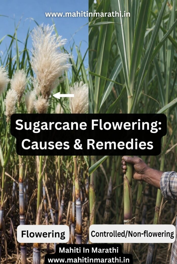 Comparison of sugarcane field with flowering arrows versus healthy non-flowering sugarcane.
