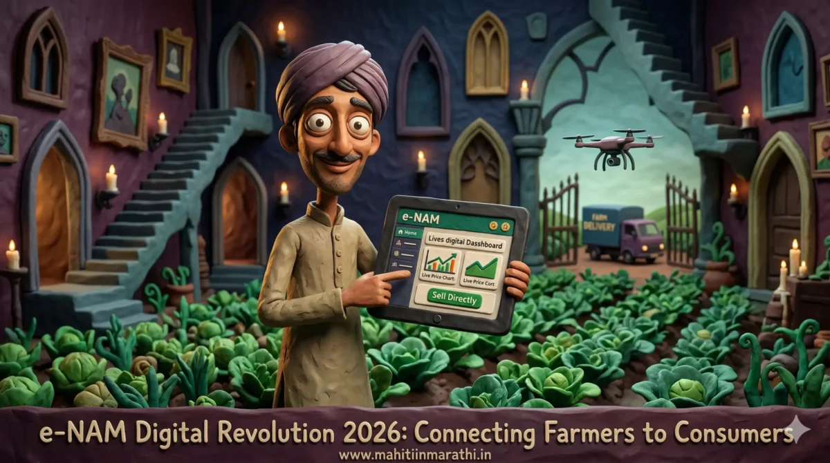 ई-नाम कृषी व्यापार: शेतकरी ते थेट ग्राहक विक्रीची संपूर्ण माहिती 2026 1 Indian farmer using e-NAM portal for direct selling in Maharashtra 2026