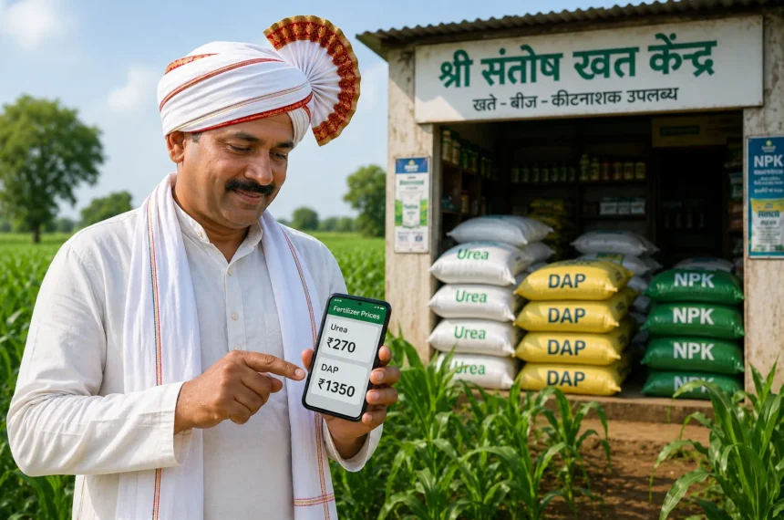 Indian farmer checking fertilizer price on mobile in farm