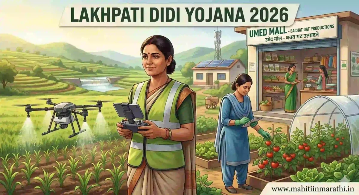 लखपती दीदी योजना 2026: पात्रता, अर्ज आणि संपूर्ण माहिती 15 लखपती दीदी योजना 2026: Rural women engaged in modern micro-enterprises and drone operation under the Lakhpati Didi Yojana scheme in Maharashtra.