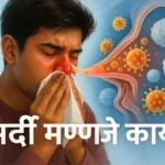 सर्दी झालेला माणूस आणि शरीरातील Rhinovirus विरुद्ध इम्यून सिस्टीमची लढाई दर्शवणारी मेडिकल इलस्ट्रेशन