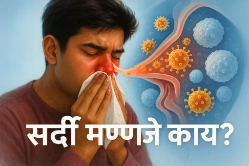 सर्दी झालेला माणूस आणि शरीरातील Rhinovirus विरुद्ध इम्यून सिस्टीमची लढाई दर्शवणारी मेडिकल इलस्ट्रेशन