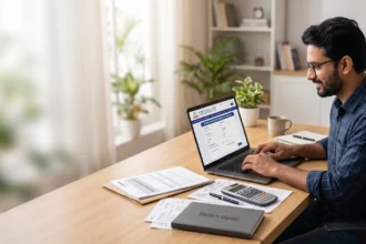 ITR Filing Guide 2026 3 ITR Filing करताना लॅपटॉपवर income tax return भरणारी व्यक्ती