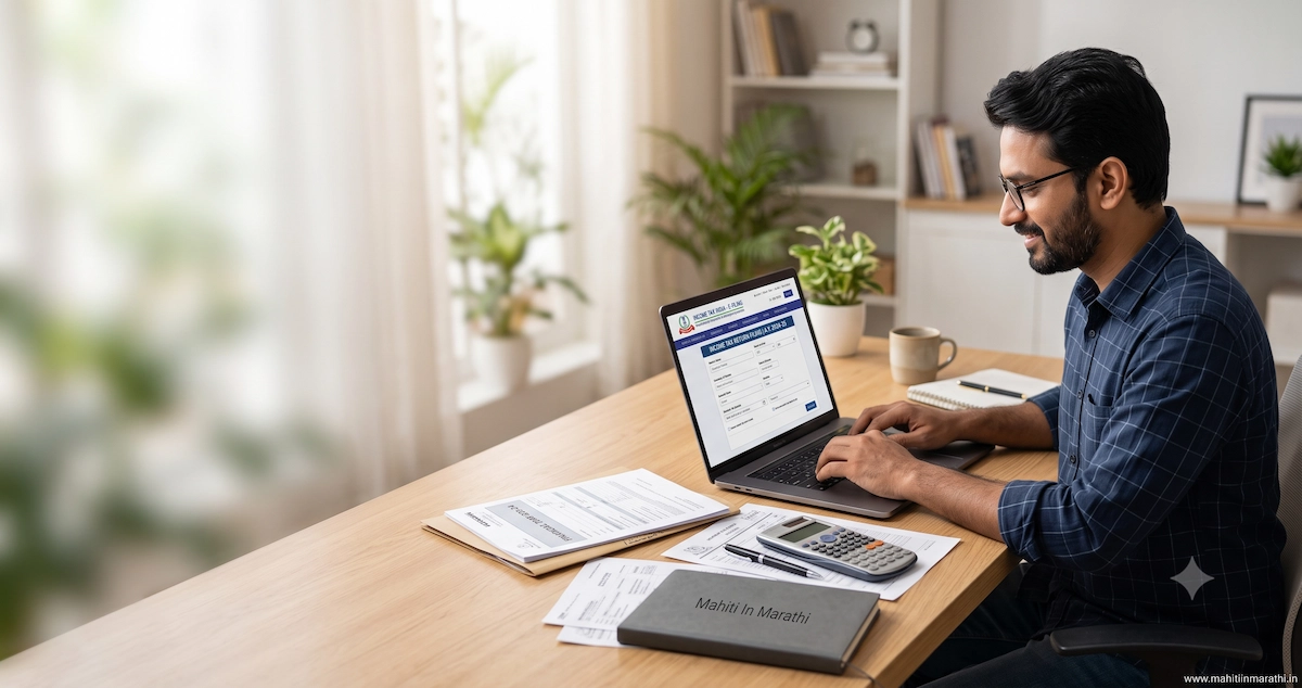 ITR Filing Guide 2026 12 ITR Filing करताना लॅपटॉपवर income tax return भरणारी व्यक्ती