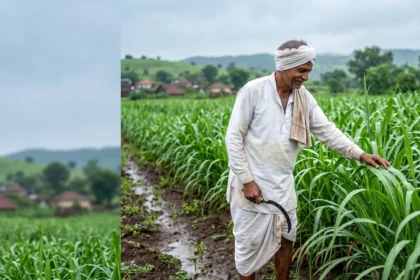 पावसाळ्यात पिकांची काळजी पावसाळ्यात शेतातील पिकांची पाहणी करताना शेतकरी