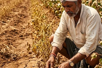 पावसाचा खंड पीक व्यवस्थापन करताना शेतात मूग सोयाबीन कापूस पिकांची पाहणी करणारा शेतकरी