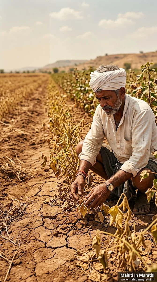 पावसाचा खंड पीक व्यवस्थापन: तातडीचे उपाय (2026) 1 पावसाचा खंड पीक व्यवस्थापन करताना शेतात मूग सोयाबीन कापूस पिकांची पाहणी करणारा शेतकरी