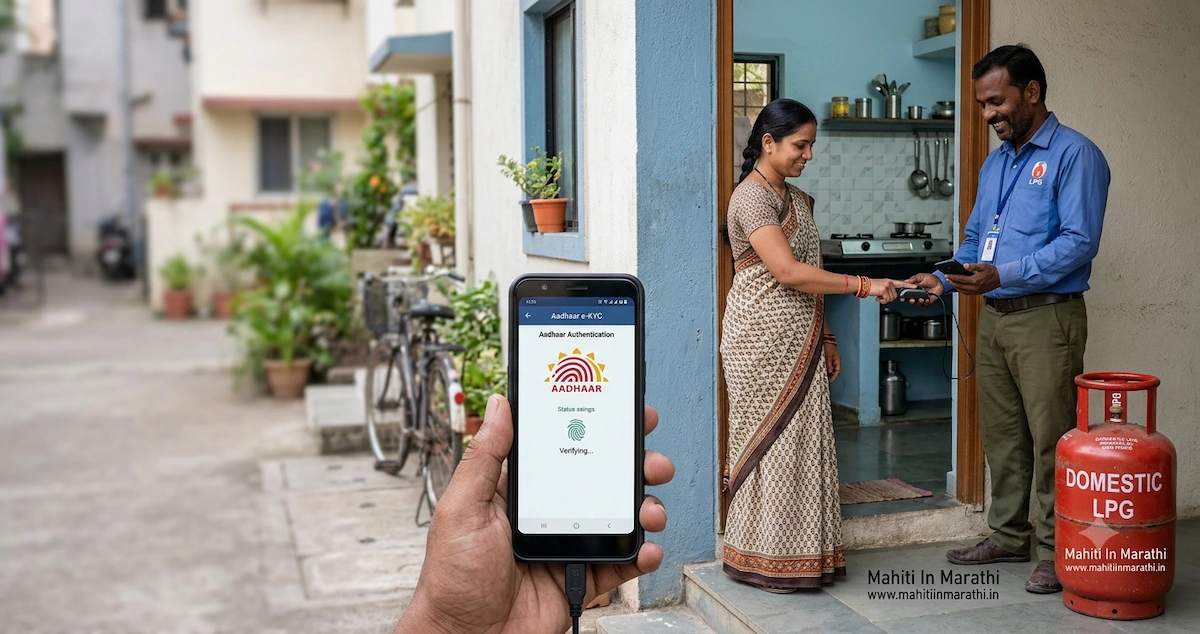 LPG Cylinder New Rule 2026 13 गॅस सिलिंडर डिलिव्हरीच्या वेळी मोबाईलवर LPG Aadhaar Biometric Authentication करताना गृहिणी आणि डिलिव्हरी कर्मचारी