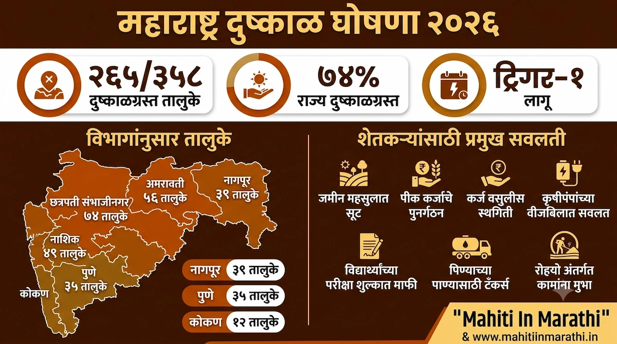 महाराष्ट्र दुष्काळ 2026: 265 तालुके जाहीर, पंचनामे व मदत याबाबत संपूर्ण माहिती 1 महाराष्ट्र दुष्काळ 2026 अंतर्गत 265 तालुक्यांत ट्रिगर-1 जाहीर, कोरडे शेत आणि शेतकरी